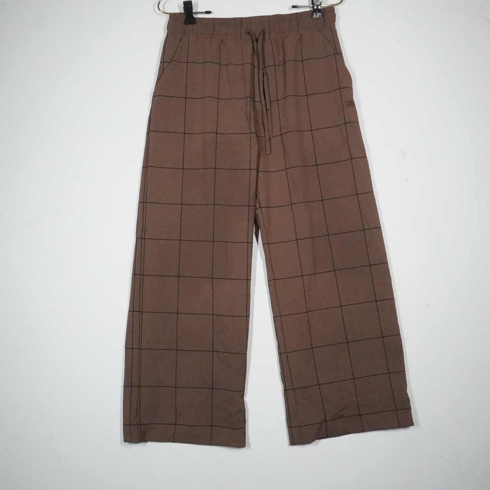 Albion Jetset Trousers Women XS Brown Windowpane Wide Leg Travel Pants Career